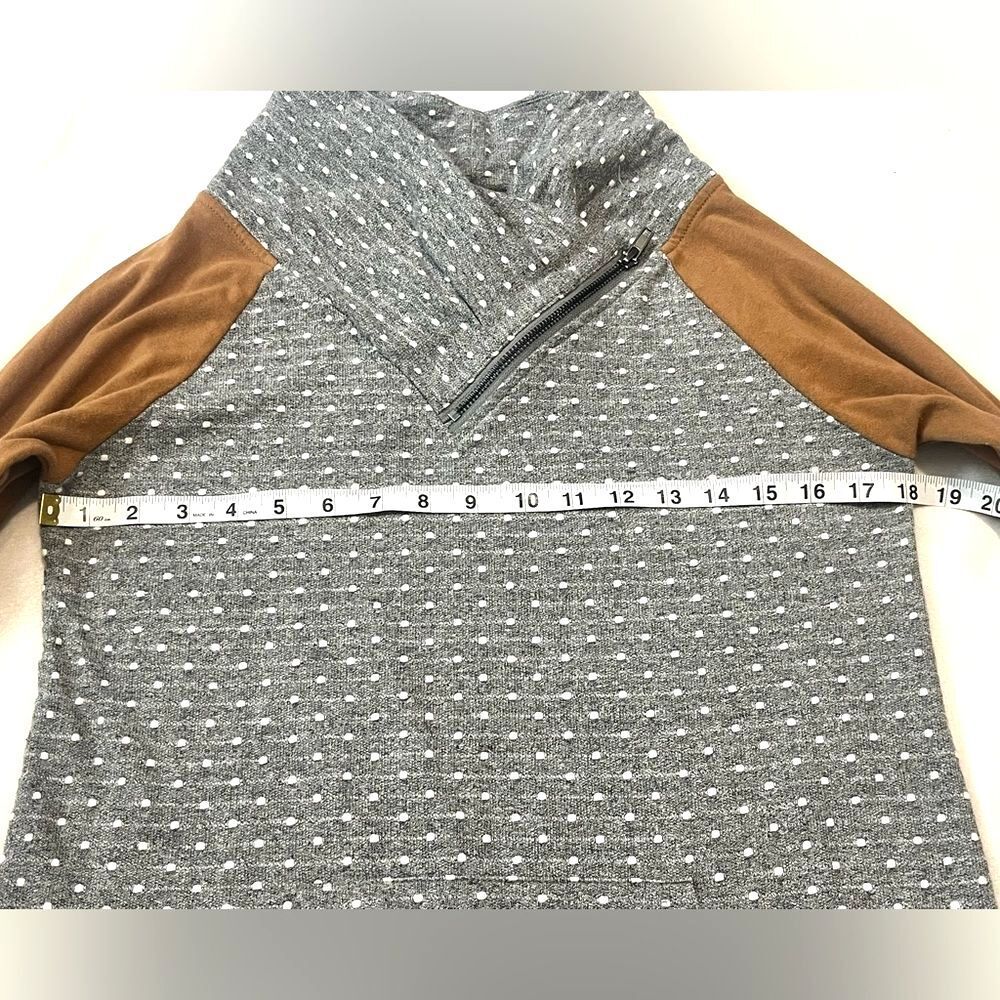 Maurices Gray and White Polka Dot Top w Brown Sleeves Cowl Neck Sweatshirt XS - Picture 11 of 16